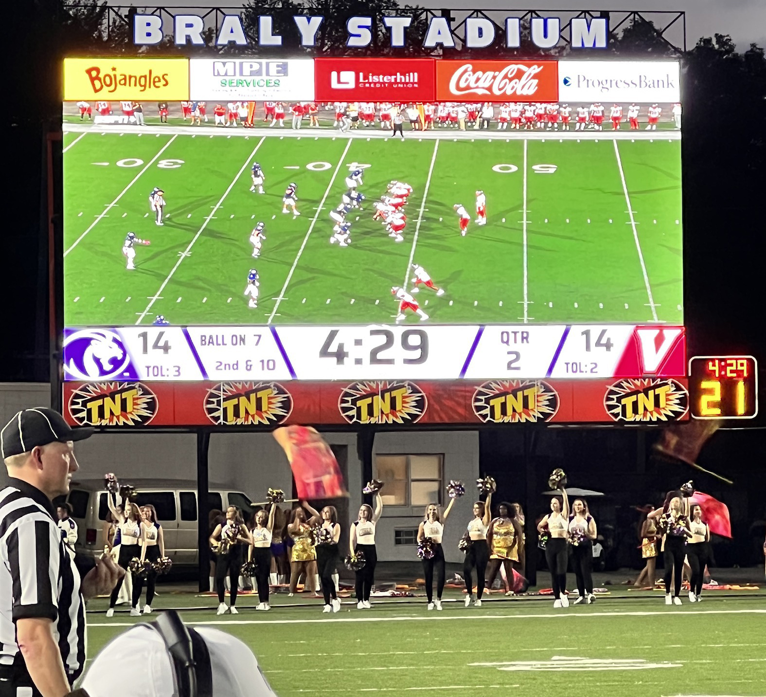 Braly Stadium video scoreboard showing live game video