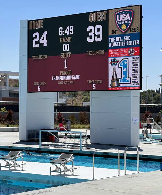 Water polo scoreboard at the Mt. SAC Aquatics Center.